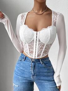 SHEIN Allurite Asymmetrical Hem Crop Bustier Lace Top For Holiday Party Clothes Fall Cloth For Women - White - View 6