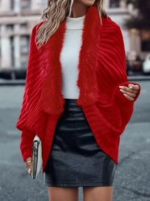SHEIN LUNE Fuzzy Trim Batwing Sleeve Duster Cardigan - Red - View 5