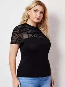 SHEIN Privé Plus Geo Contrast Mesh Keyhole Back Tee, Summer - Black - View 3