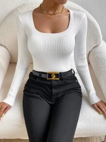 EMERY ROSE Scoop Neck Ribbed Knit Jumper - White - View 4