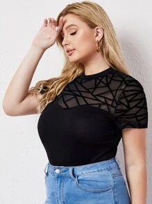 SHEIN Privé Plus Geo Contrast Mesh Keyhole Back Tee, Summer - Black - View 5