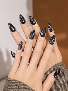 prettysecrets Elevate Your Style with 24pcs Long Almond Black Star Shiny Fake Nail & 1pc Nail File & 1sheet Tape - Black and White - View 1