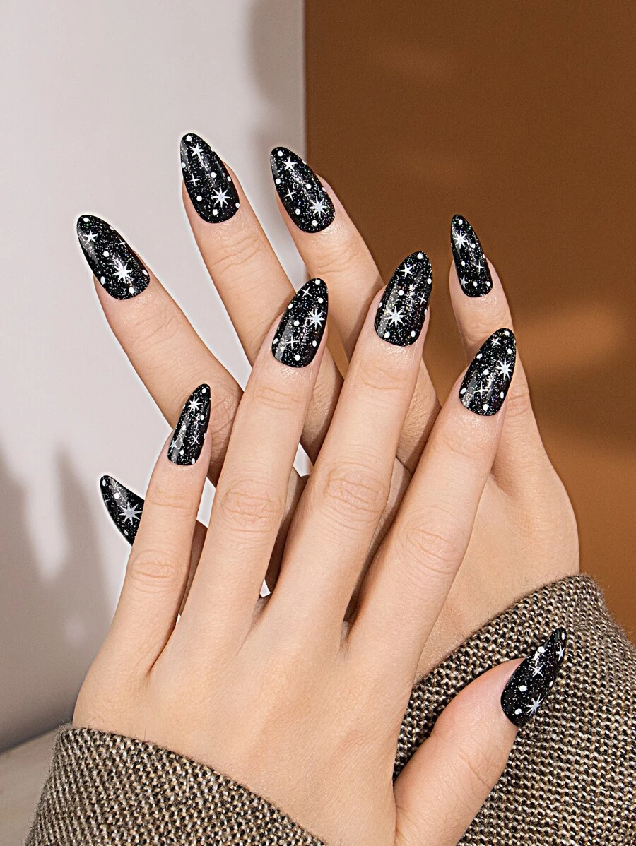 prettysecrets Elevate Your Style with 24pcs Long Almond Black Star Shiny Fake Nail & 1pc Nail File & 1sheet Tape - Black and White - View 1