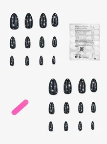 prettysecrets Elevate Your Style with 24pcs Long Almond Black Star Shiny Fake Nail & 1pc Nail File & 1sheet Tape - Black and White - View 2