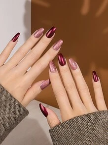 prettysecrets Instantly Upgrade Your Look with 24pcs Short Coffin Wine Red Metal Effect Glitter Fake Nail & 1pc Nail File & 1sheet Tape - Multicolor - View 1