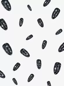 prettysecrets Elevate Your Style with 24pcs Long Almond Black Star Shiny Fake Nail & 1pc Nail File & 1sheet Tape - Black and White - View 5