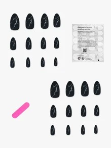 prettysecrets Upgrade Your Look with 24pcs Long Almond Black Marble Pattern Matte Fake Nail & 1pc Nail File & 1sheet Tape - Black and White - View 2