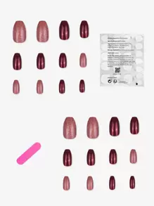 prettysecrets Instantly Upgrade Your Look with 24pcs Short Coffin Wine Red Metal Effect Glitter Fake Nail & 1pc Nail File & 1sheet Tape - Multicolor - View 2