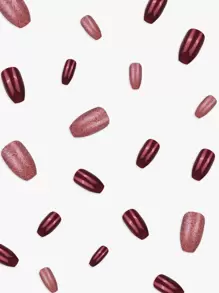 prettysecrets Instantly Upgrade Your Look with 24pcs Short Coffin Wine Red Metal Effect Glitter Fake Nail & 1pc Nail File & 1sheet Tape - Multicolor - View 5