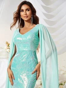 YISIKADO Tương phản Sequin Nàng tiên cá Hem Trang phục chính thức - Màu xanh bạc hà - Xem 3