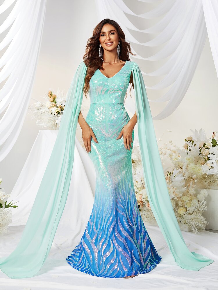 YISIKADO Tương phản Sequin Nàng tiên cá Hem Trang phục chính thức - Màu xanh bạc hà - Xem 6