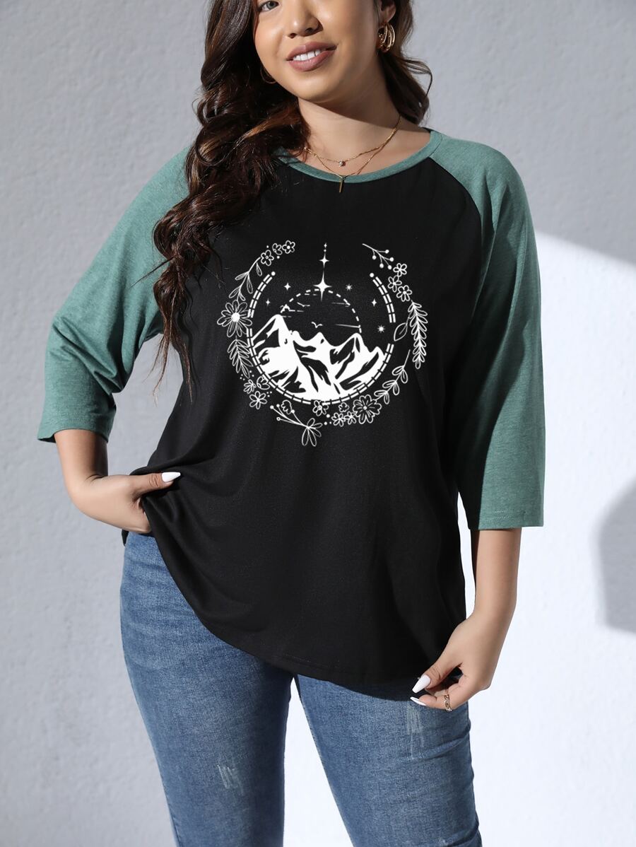 SHEIN LUNE Camiseta montaña & con estampado floral de color combinado de manga raglán - Negro - Ver 1