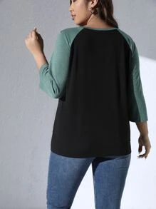 SHEIN LUNE Camiseta montaña & con estampado floral de color combinado de manga raglán - Negro - Ver 2