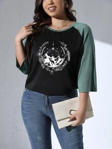 SHEIN LUNE Camiseta montaña & con estampado floral de color combinado de manga raglán - Negro - Ver 3