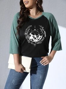 SHEIN LUNE Camiseta montaña & con estampado floral de color combinado de manga raglán - Negro - Ver 4