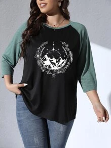 SHEIN LUNE Camiseta montaña & con estampado floral de color combinado de manga raglán - Negro - Ver 5