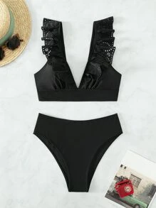 Conjunto de bikini de playa de verano con ribete de volantes cortado a láser - Negro - Ver 3