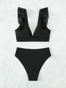 Conjunto de bikini de playa de verano con ribete de volantes cortado a láser - Negro - Ver 4