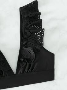 Conjunto de bikini de playa de verano con ribete de volantes cortado a láser - Negro - Ver 5