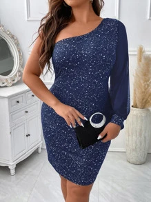 SHEIN Unity Plus One Shoulder Lantern Sleeve Bodycon Dress - Navy Blue - View 1