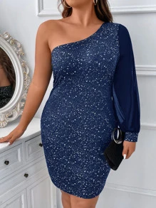 SHEIN Unity Plus One Shoulder Lantern Sleeve Bodycon Dress - Navy Blue - View 4
