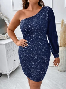 SHEIN Unity Plus One Shoulder Lantern Sleeve Bodycon Dress - Navy Blue - View 5