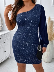 SHEIN Unity Plus One Shoulder Lantern Sleeve Bodycon Dress - Navy Blue - View 6