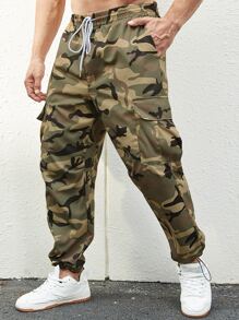 Manfinity Men Camo Print Flap Pocket Drawstring Waist Cargo Trousers - Multicolor - View 1