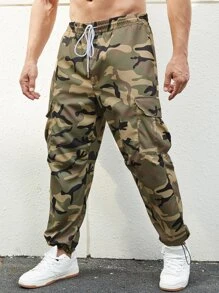 Manfinity Men Camo Print Flap Pocket Drawstring Waist Cargo Trousers - Multicolor - View 3