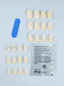 立即升級您造型，24入組長方形黃色格子和人造珍珠，可愛花卉設計，假指甲套件，適合女士和女孩 - 彩色 - 查看 2