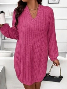 SHEIN LUNE Vestido sudadera de hombros caídos tejido de canalé - Rosado Sandía - Ver 3