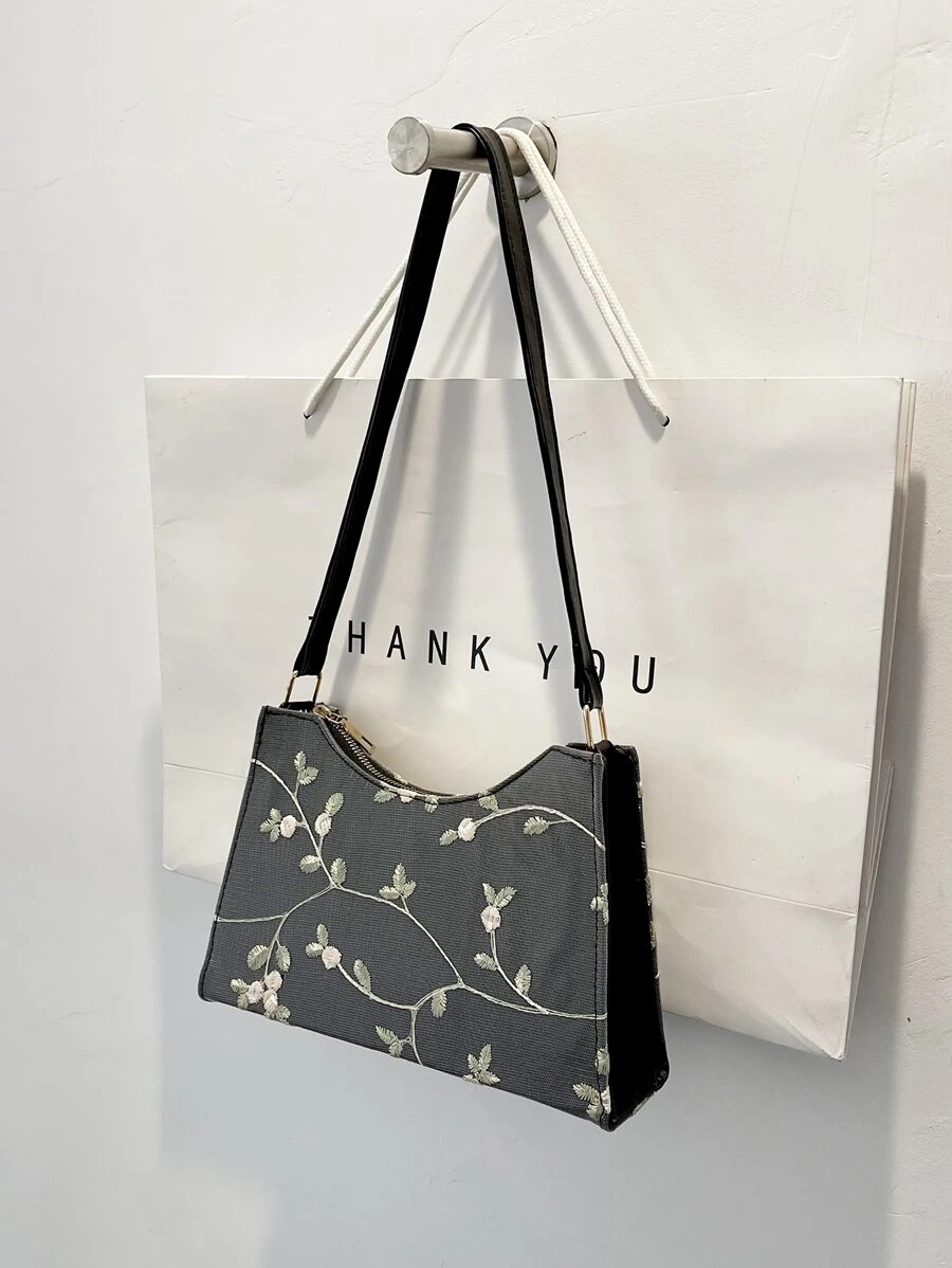 Casual Embroidered Floral Embroidered Hobo Bag, For Women, Rookies & White-Collar Workers,For Lady,For Female For Business/Commute/Work/Office,For Festivals/Vacation/Holiday - Black - View 1