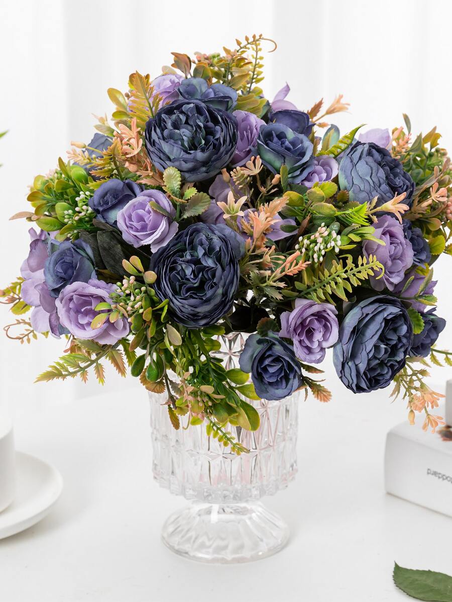 人造牡丹和绣球花束：适合婚礼、生日和家居装饰 - 采用可重复使用的丝质材料制成 - 适合圣诞节、万圣节、感恩节、情人节和毕业典礼 - 不含花瓶 - 紫色 - 查看 1