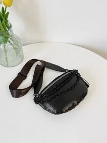 Mini bolso de hombro cruzado de moda con efecto relieve, unicolor, impresión de letras y correa de cadena para ir de compras y de vacaciones