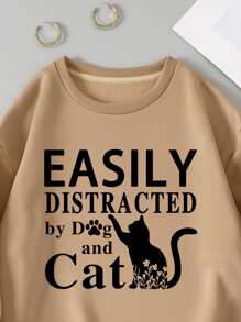 SHEIN EZwear Slogan & Cat Print Thermal Lined Sweatshirt - Khaki - View 3