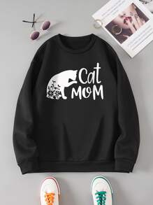 SHEIN Essnce Cat And Letter Graphic Thermal Lined Sweatshirt - Black - View 1