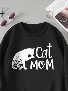SHEIN Essnce Cat And Letter Graphic Thermal Lined Sweatshirt - Black - View 3