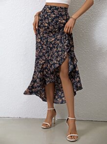 SHEIN Frenchy Falda con estampado floral bajo con fruncido bajo irregular - Negro - Ver 3