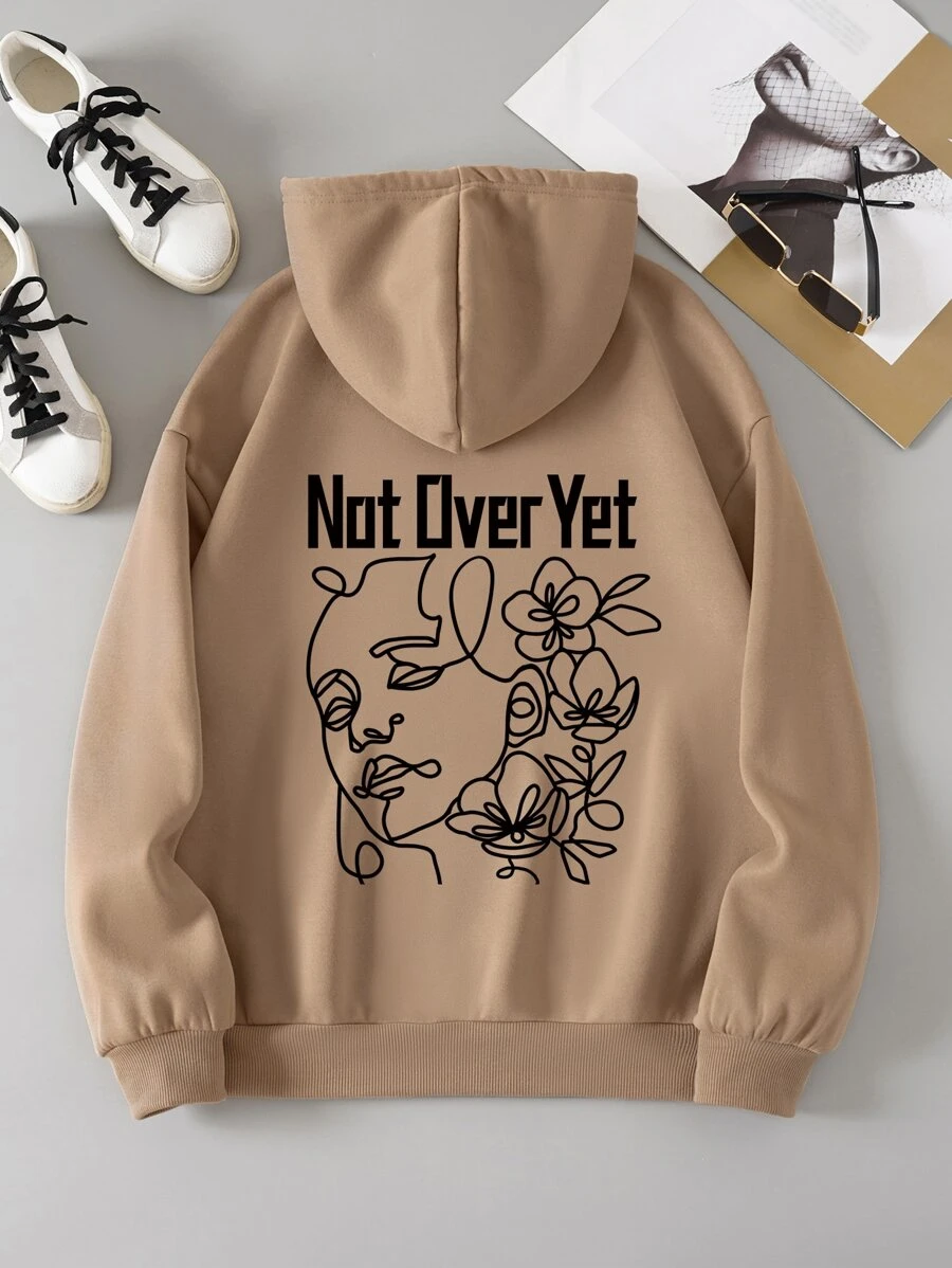 SHEIN EZwear Letter & Figure Graphic Kangaroo Pocket Drawstring Thermal Lined Hoodie - Khaki - View 1