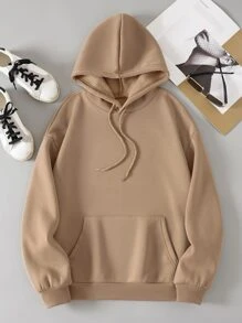 SHEIN EZwear Letter & Figure Graphic Kangaroo Pocket Drawstring Thermal Lined Hoodie - Khaki - View 2