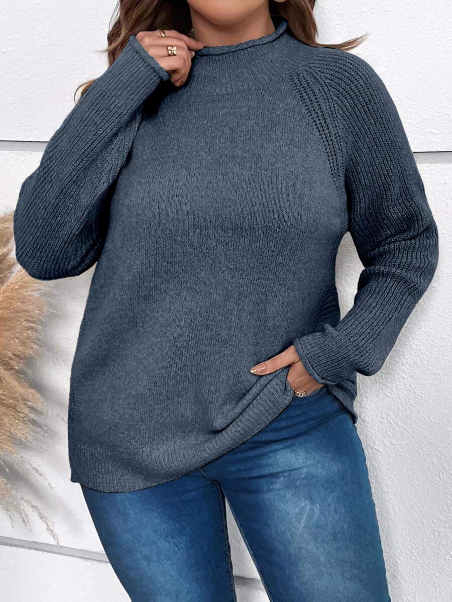 SHEIN LUNE Plus Mock Neck Raglan Sleeve Jumper - Dusty Blue - View 1