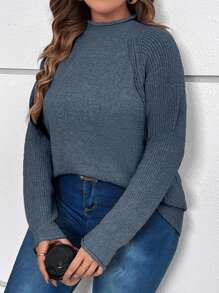 SHEIN LUNE Plus Mock Neck Raglan Sleeve Jumper - Dusty Blue - View 3