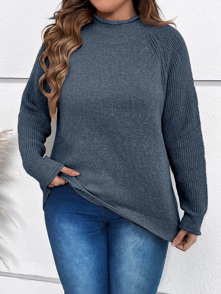 SHEIN LUNE Plus Mock Neck Raglan Sleeve Sweater - Dusty Blue - View 4