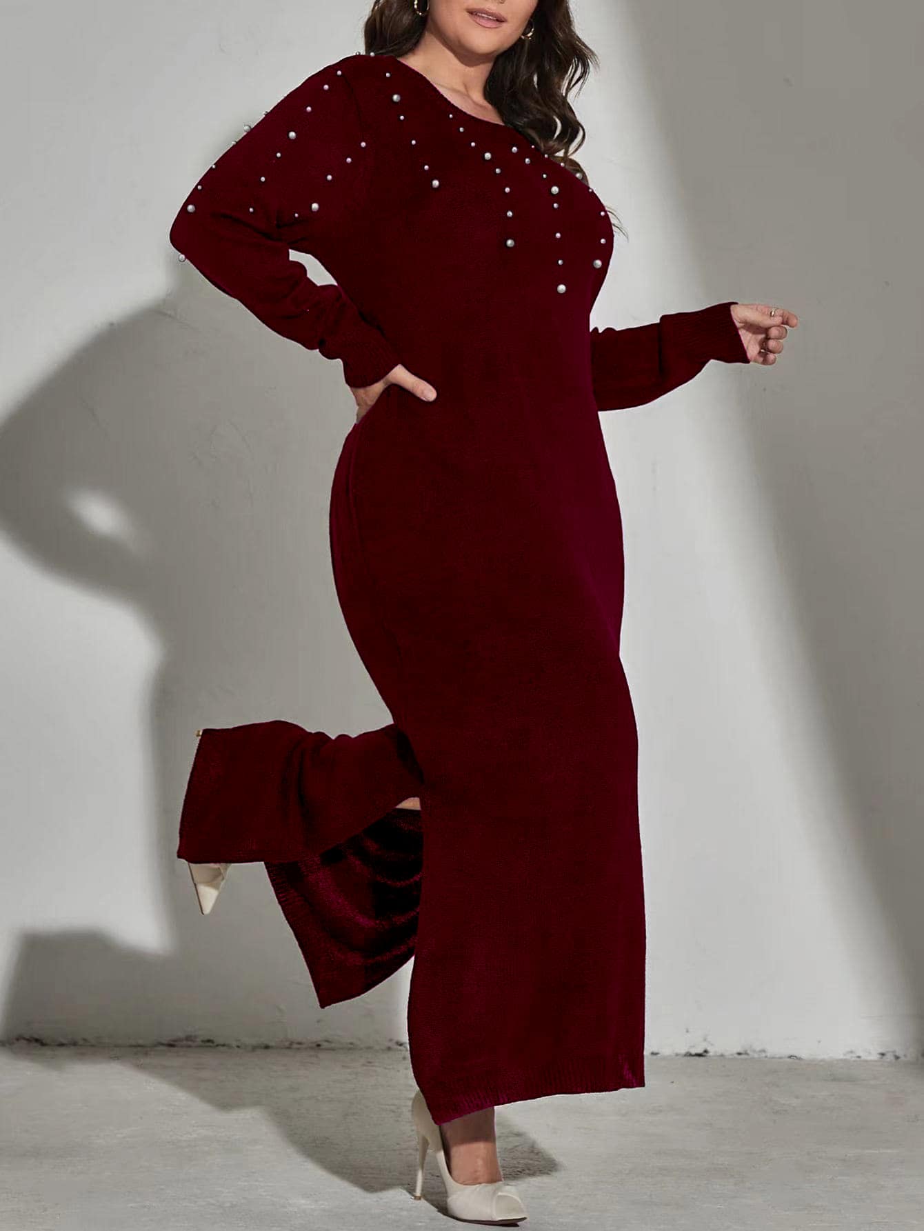 Mulvari Plus Pearls Beaded Drop Shoulder Jumper Dress - Maroon - View 1