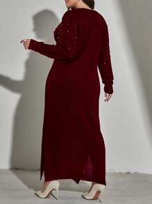 Mulvari Plus Pearls Beaded Drop Shoulder Jumper Dress - Maroon - View 2