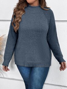 SHEIN LUNE Plus Mock Neck Raglan Sleeve Jumper - Dusty Blue - View 5