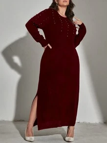 Mulvari Plus Pearls Beaded Drop Shoulder Jumper Dress - Maroon - View 3