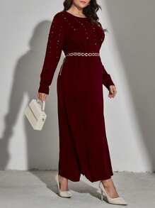 Mulvari Plus Pearls Beaded Drop Shoulder Jumper Dress - Maroon - View 4
