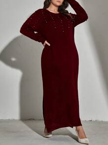 Mulvari Plus Pearls Beaded Drop Shoulder Jumper Dress - Maroon - View 5