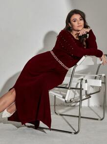 Mulvari Plus Pearls Beaded Drop Shoulder Jumper Dress - Maroon - View 6